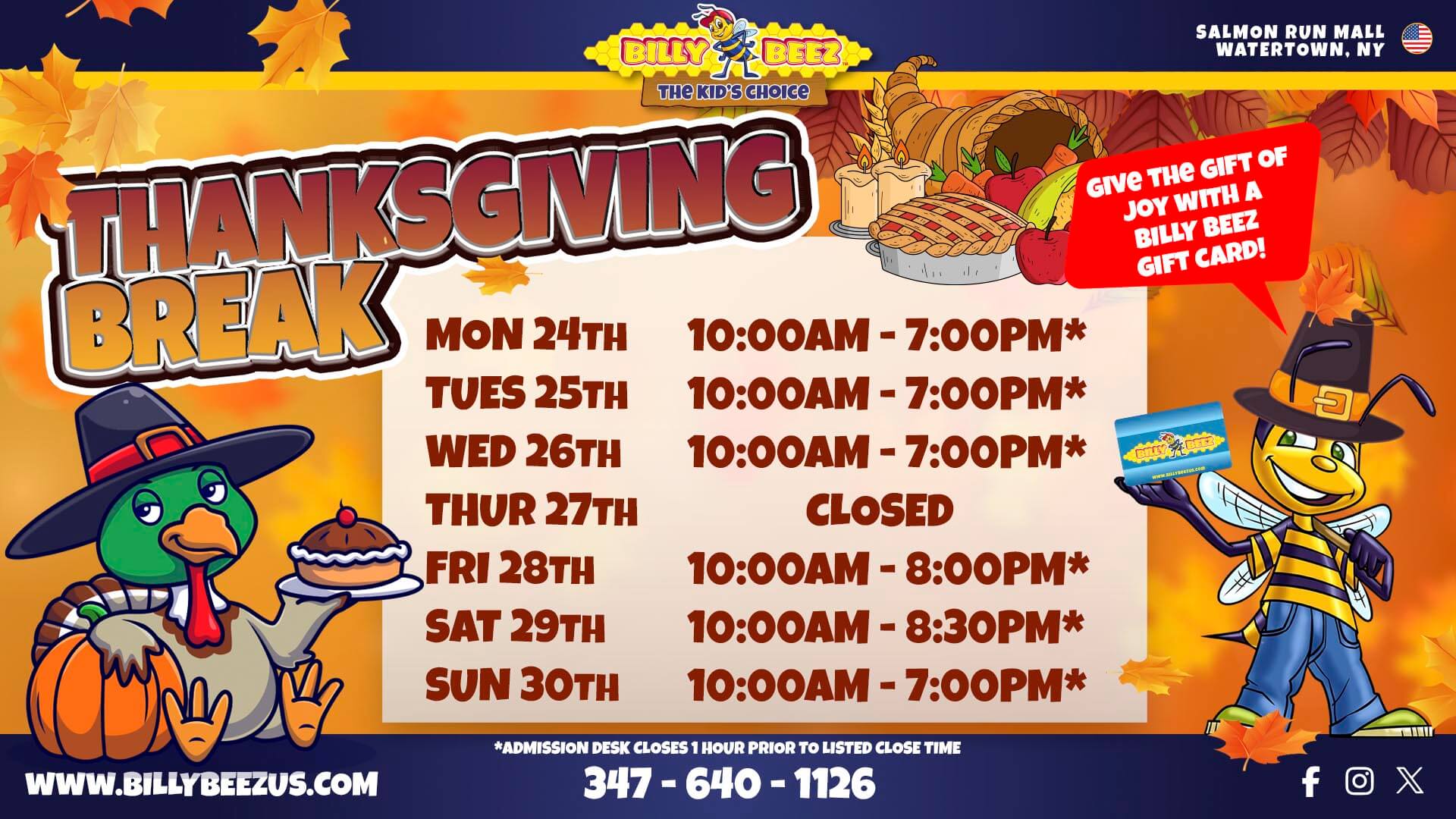 Billy Beez Thanksgiving week hours